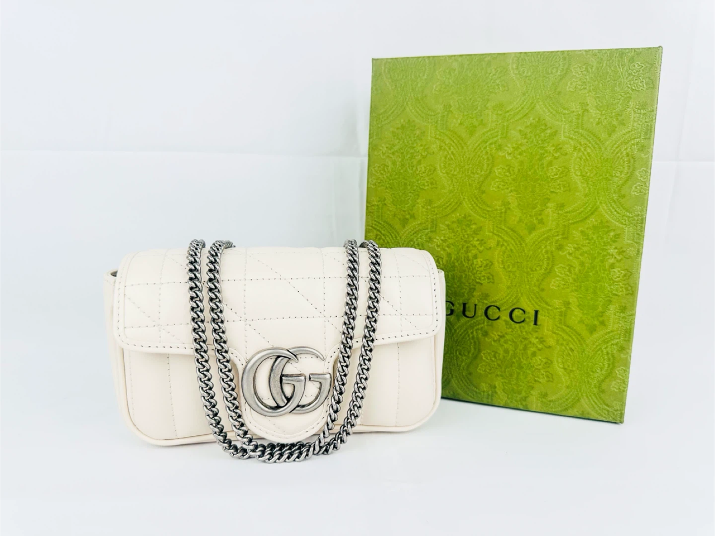 Gucci Aria Super Mini GG Marmont Bag (Mystic White)