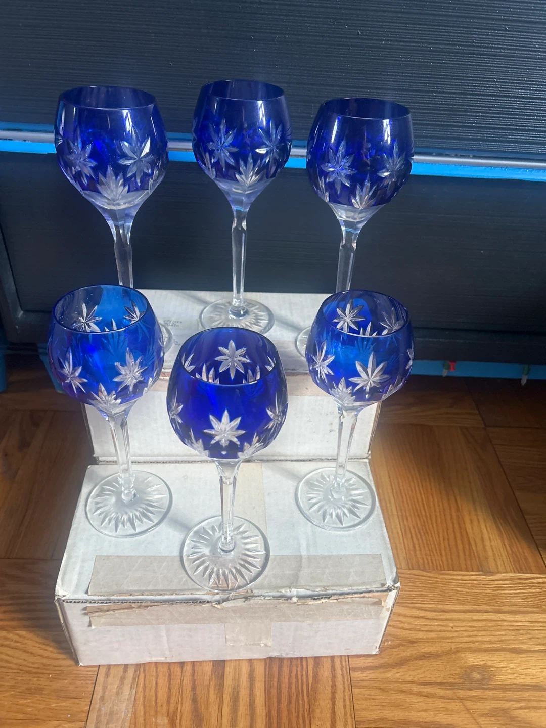 Set of 6 Cobalt Blue Crystal Wine Glasses
