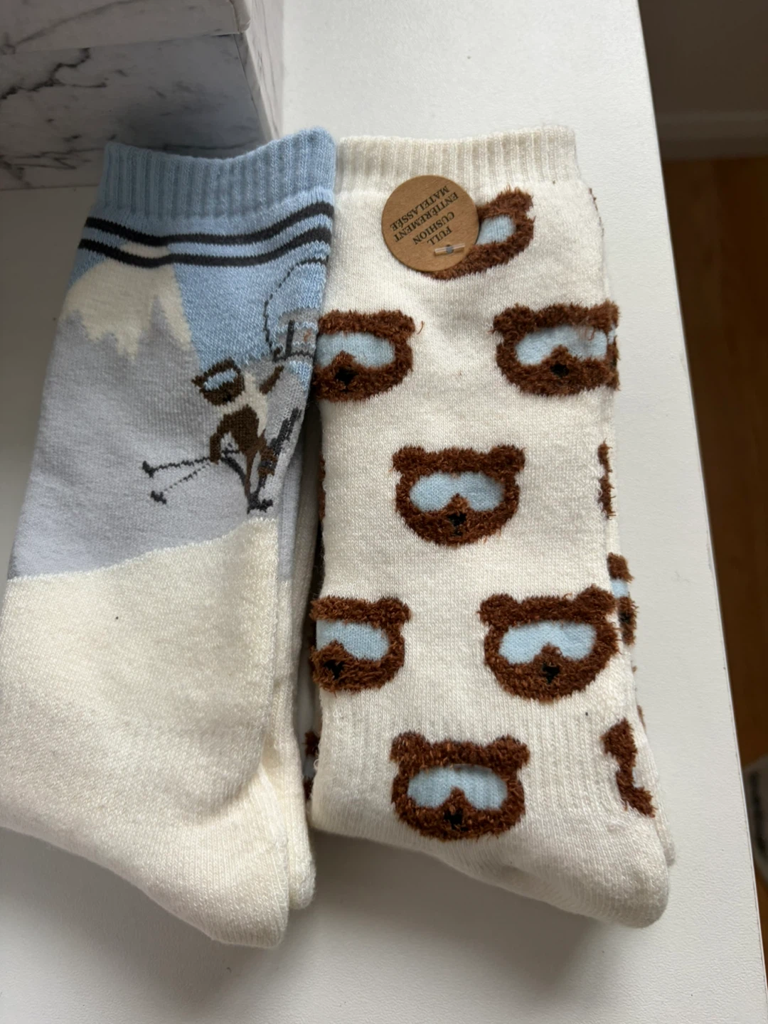 Brand New Cozy Crew Socks - Cream with Brown Bears & Ski Scene