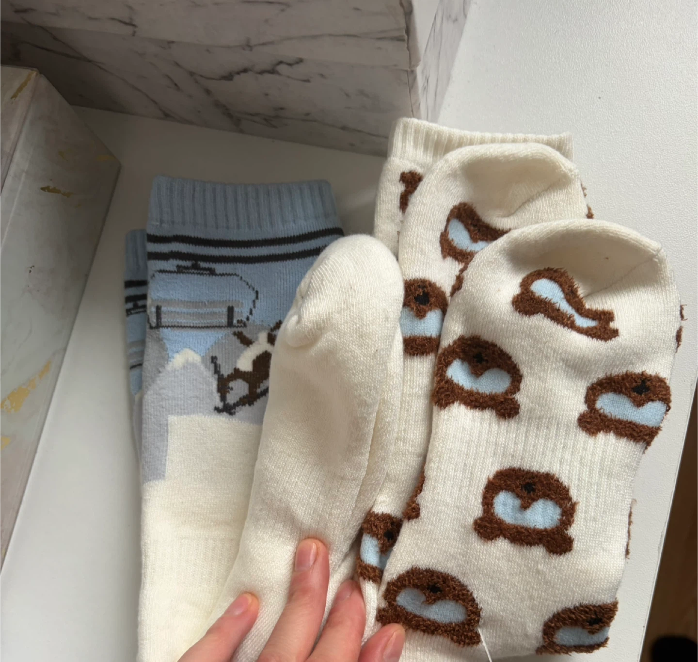 Brand New Cozy Crew Socks - Cream with Brown Bears & Ski Scene - photo 2