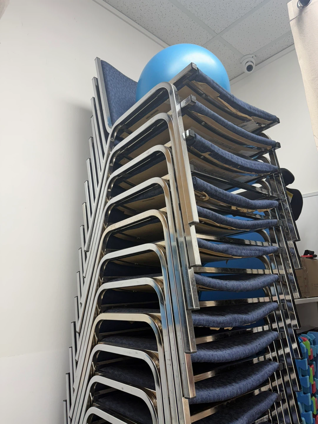 Stackable Blue Upholstered Chairs with Metal Frame