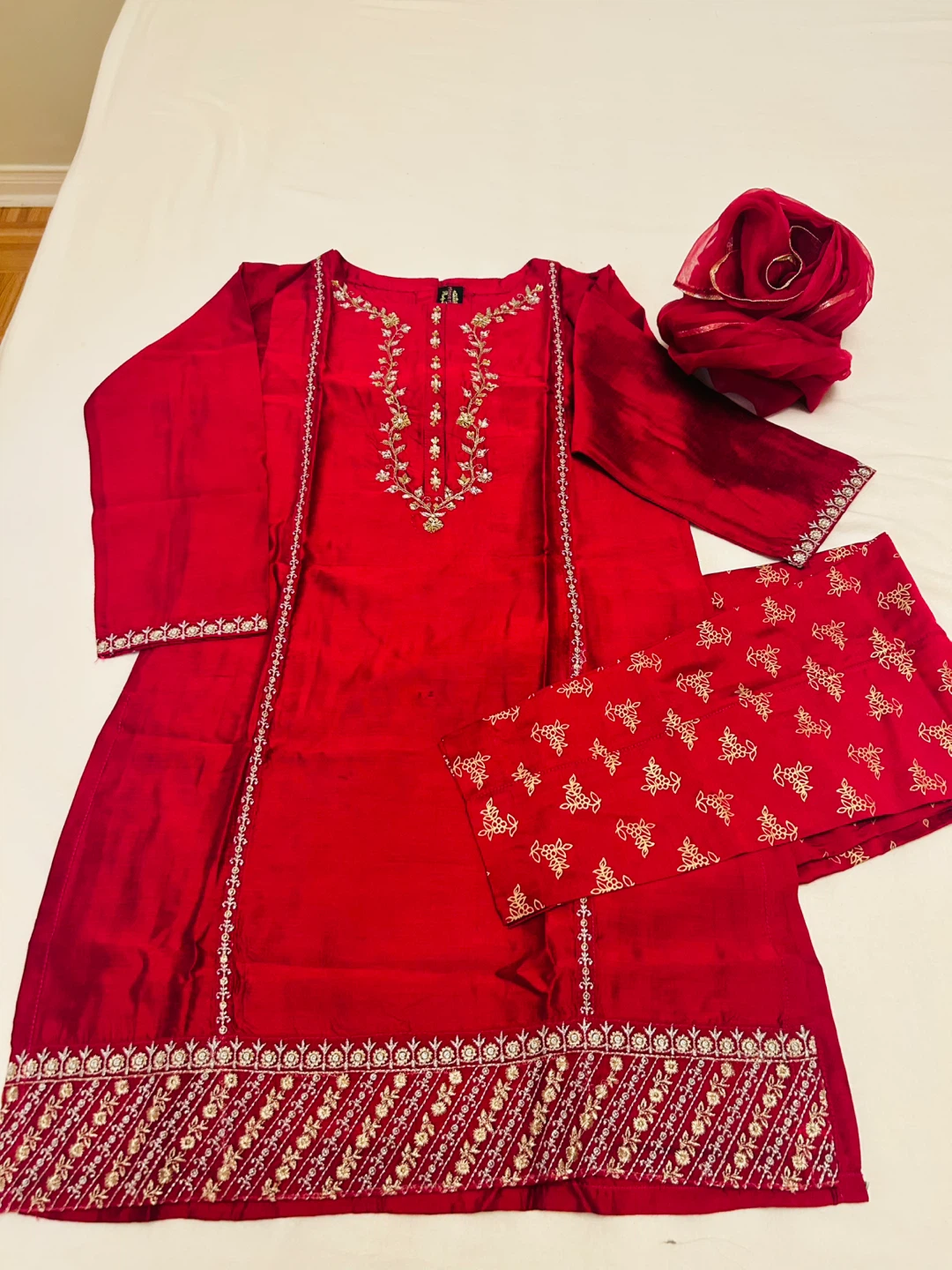 Red Embroidered Kurti with Pants and Dupatta Set
