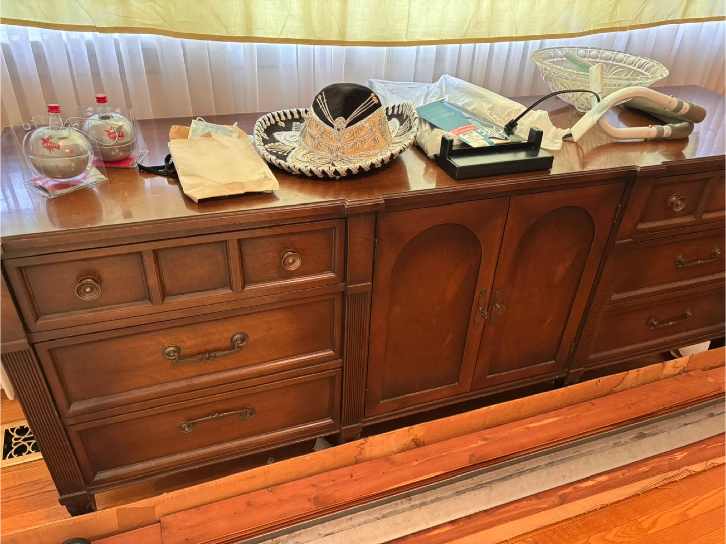 Vintage Wooden Dresser with Drawers and Cabinet