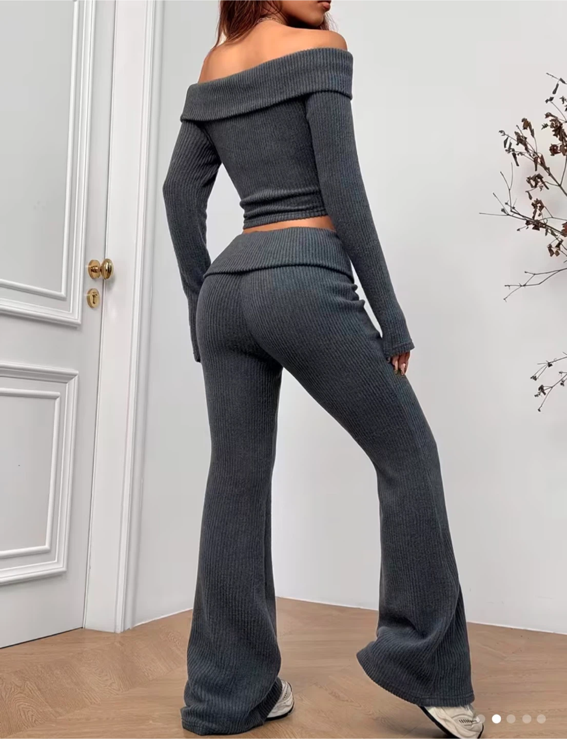 Grey Off-the-Shoulder Ribbed Crop Top & Flare Pants Set - Size S - photo 2