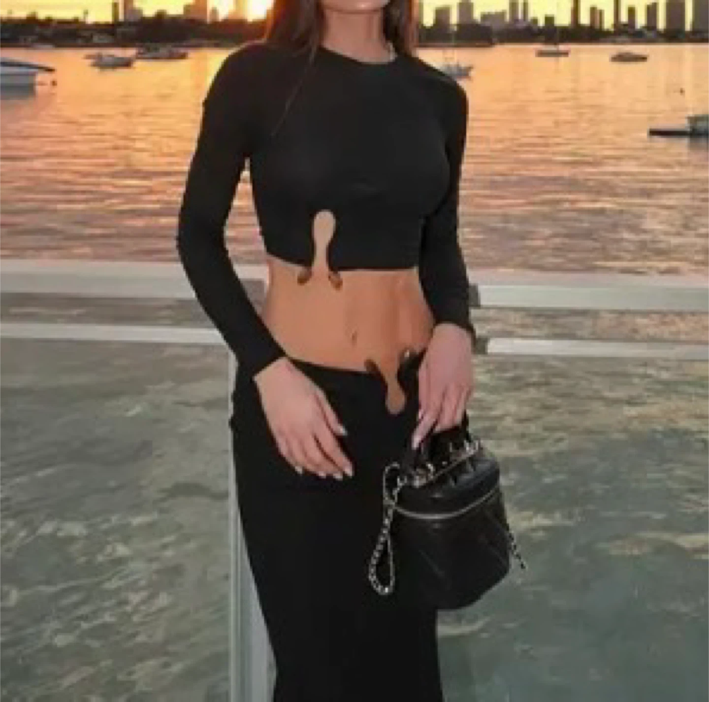 Black Ruched Halter Crop Top and Skirt Set