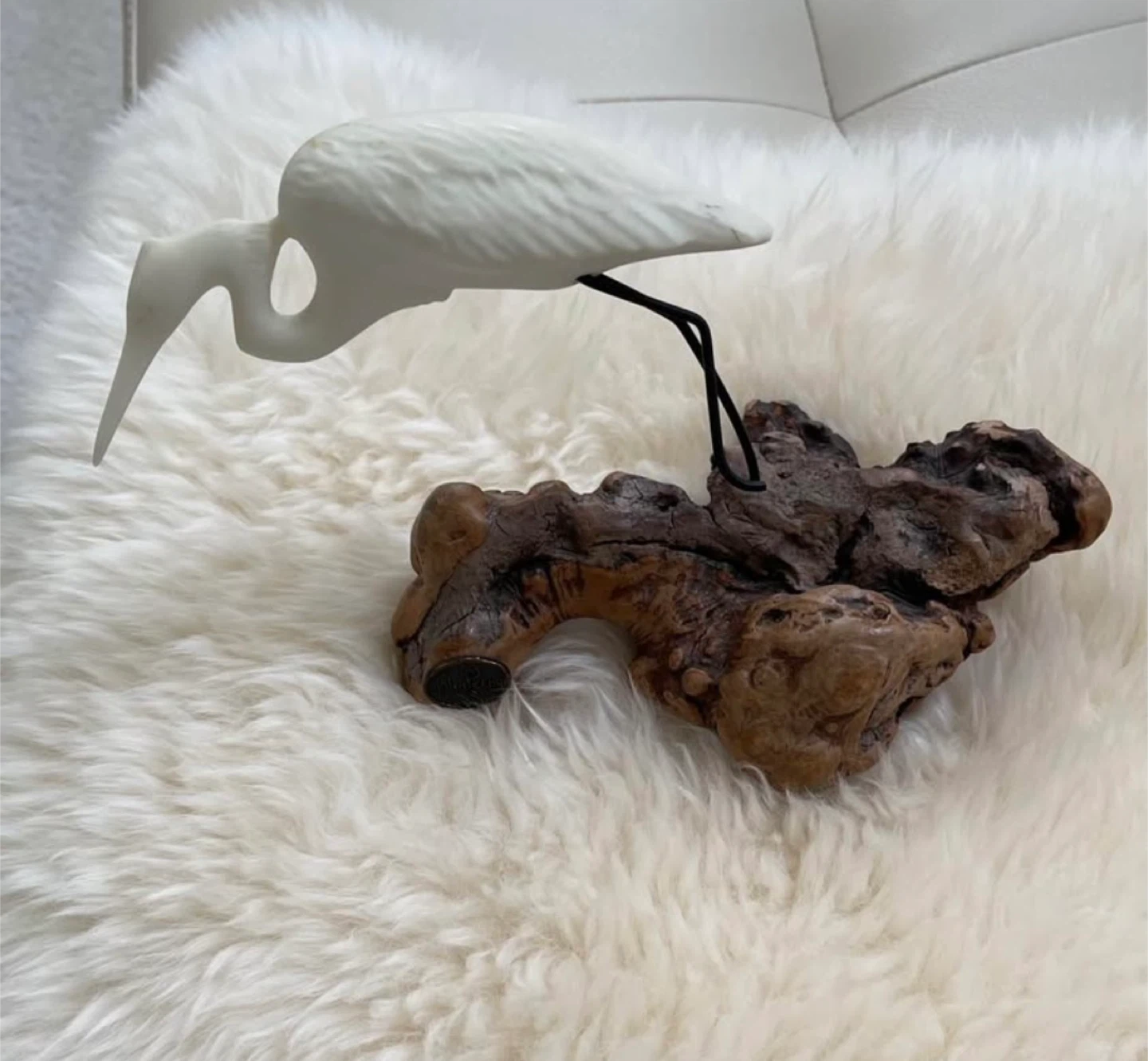 J. M. Perry White Egret Figurine on Driftwood Base