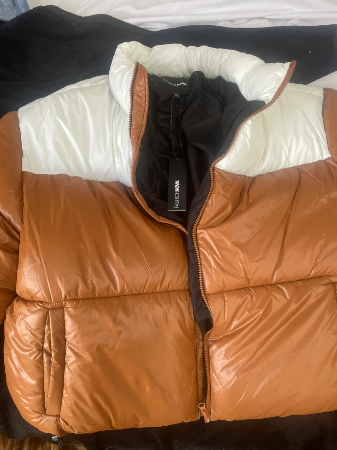 Fashion Nova Puffer Jacket - Brown/White