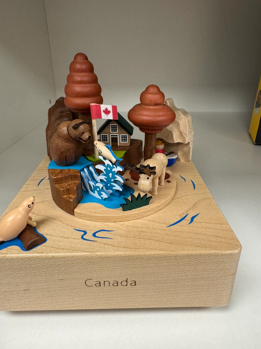 Wooden Canada Music Box with Ferris Wheel and Wildlife Scene