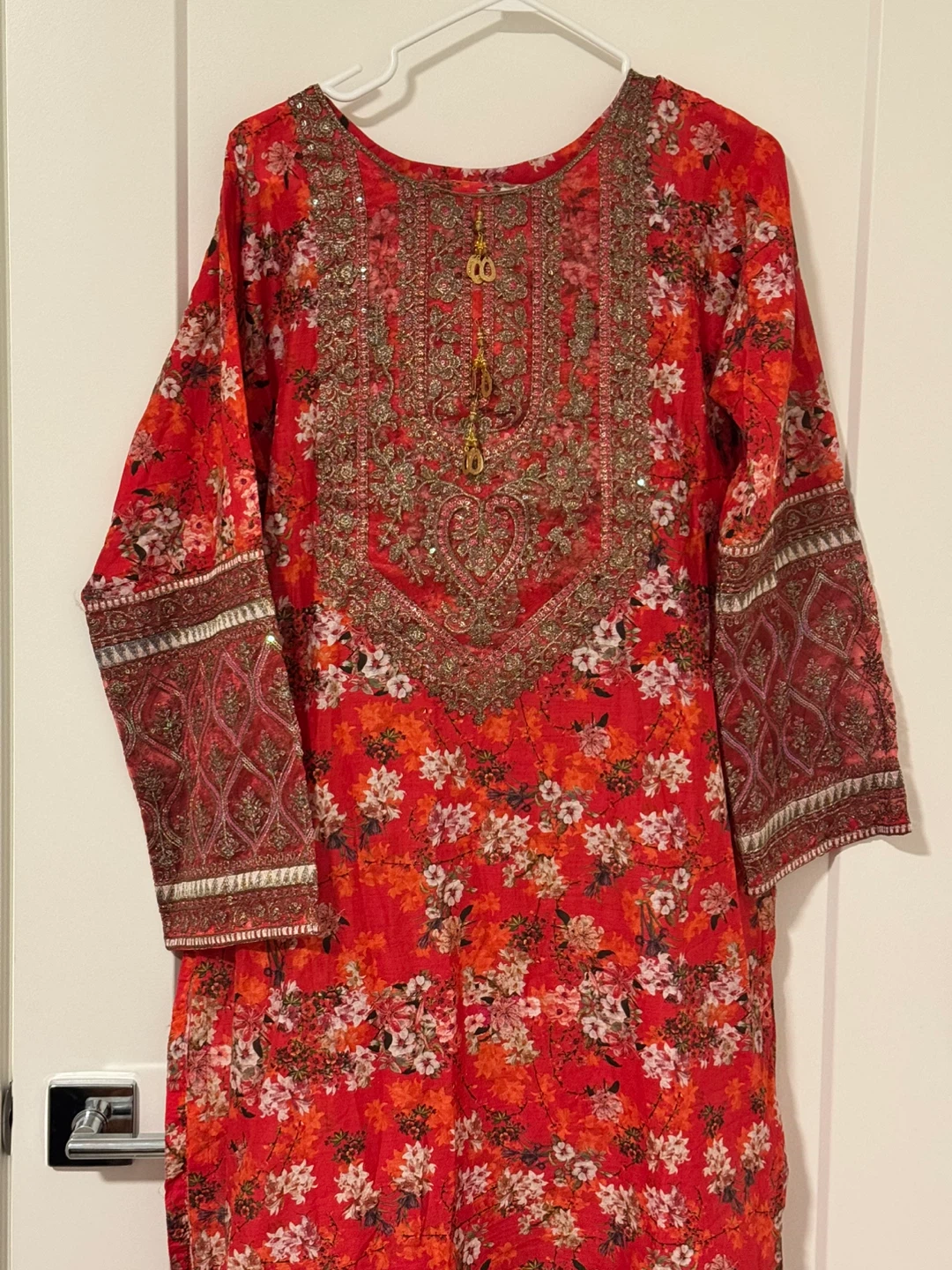 Red floral embroidered 3pc dress