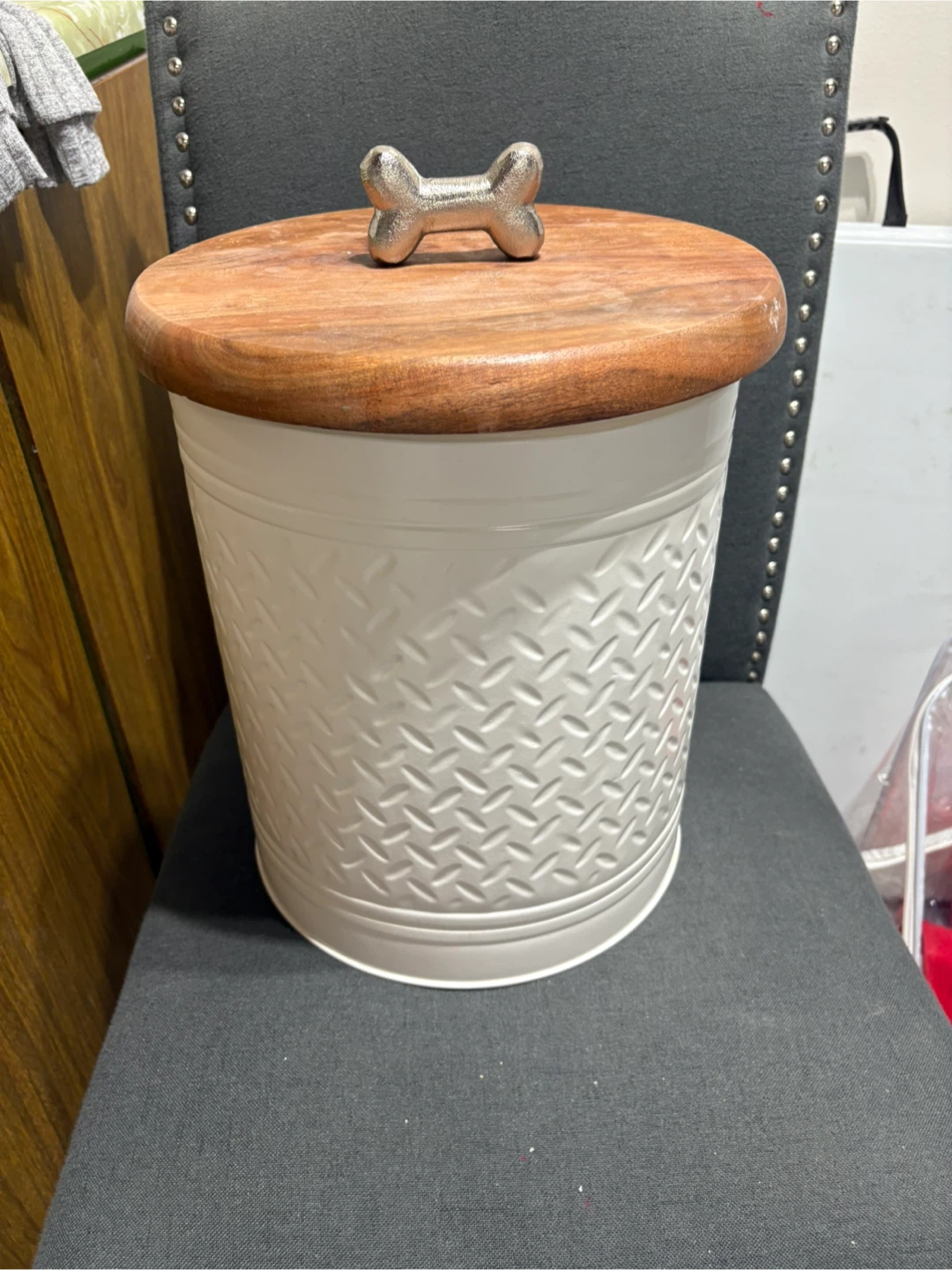 Large White metal pet food bin with wood lid and bone handle