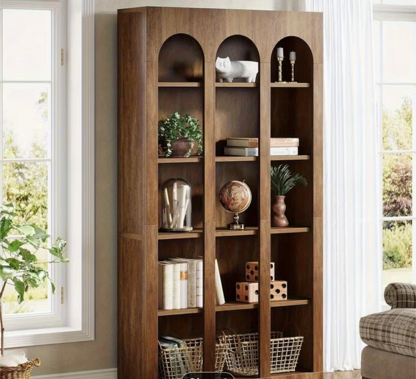 Tall Arch Top Bookshelf - Wooden Display Shelving Unit - photo 2