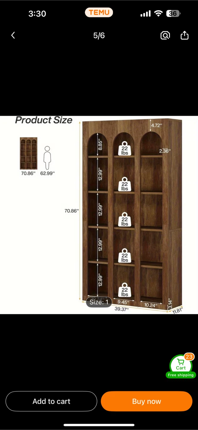 Tall Arch Top Bookshelf - Wooden Display Shelving Unit - photo 3