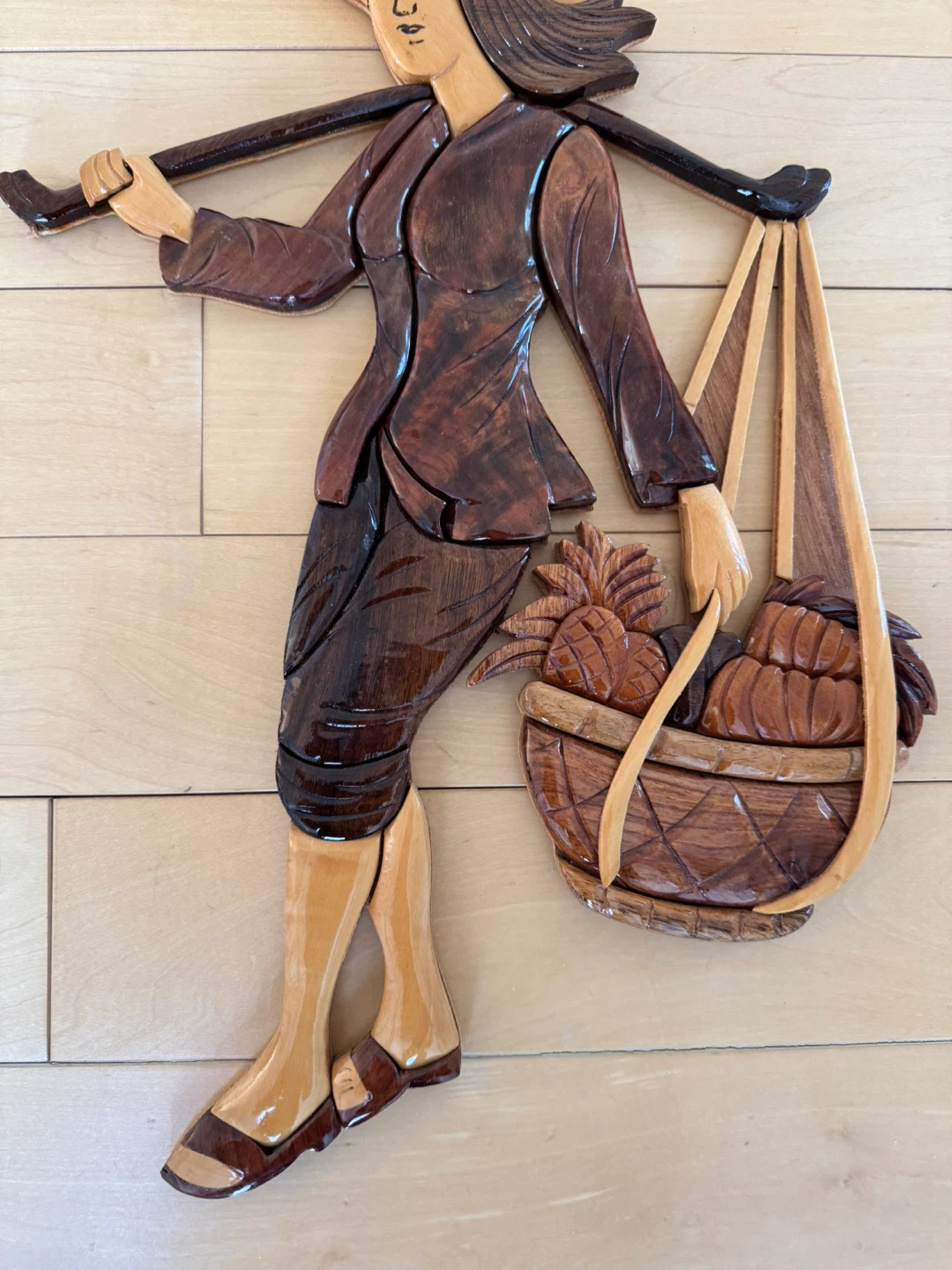 Wooden Asian Fruit Bearing Woman Hanging Art - photo 3