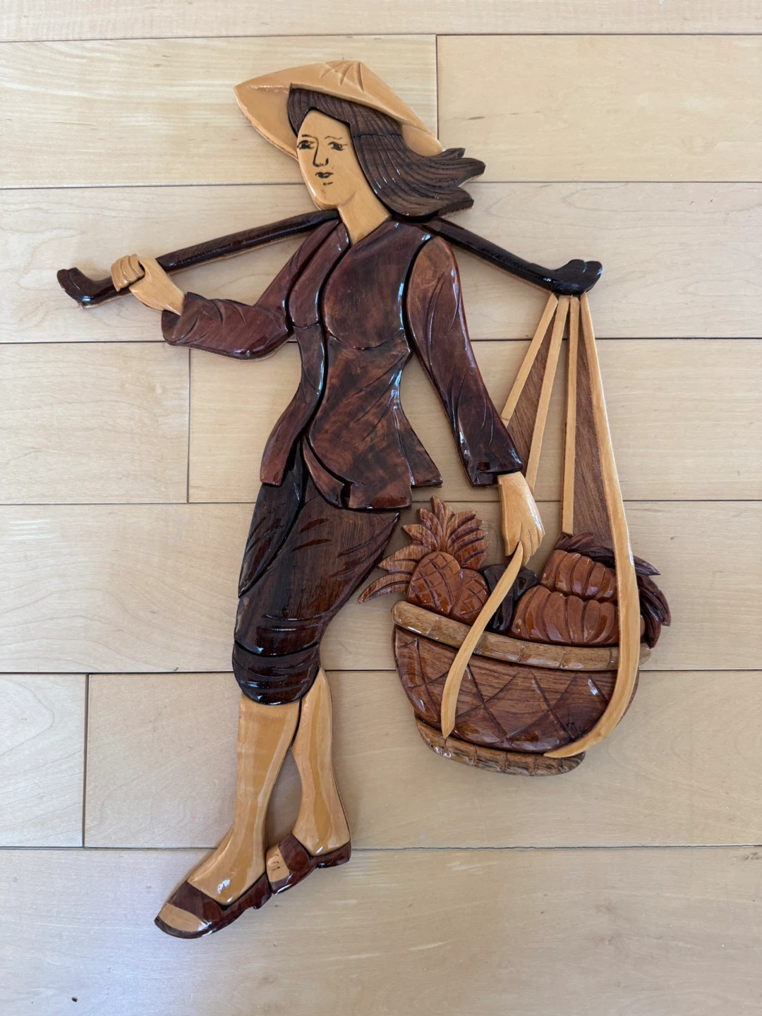 Wooden Asian Fruit Bearing Woman Hanging Art