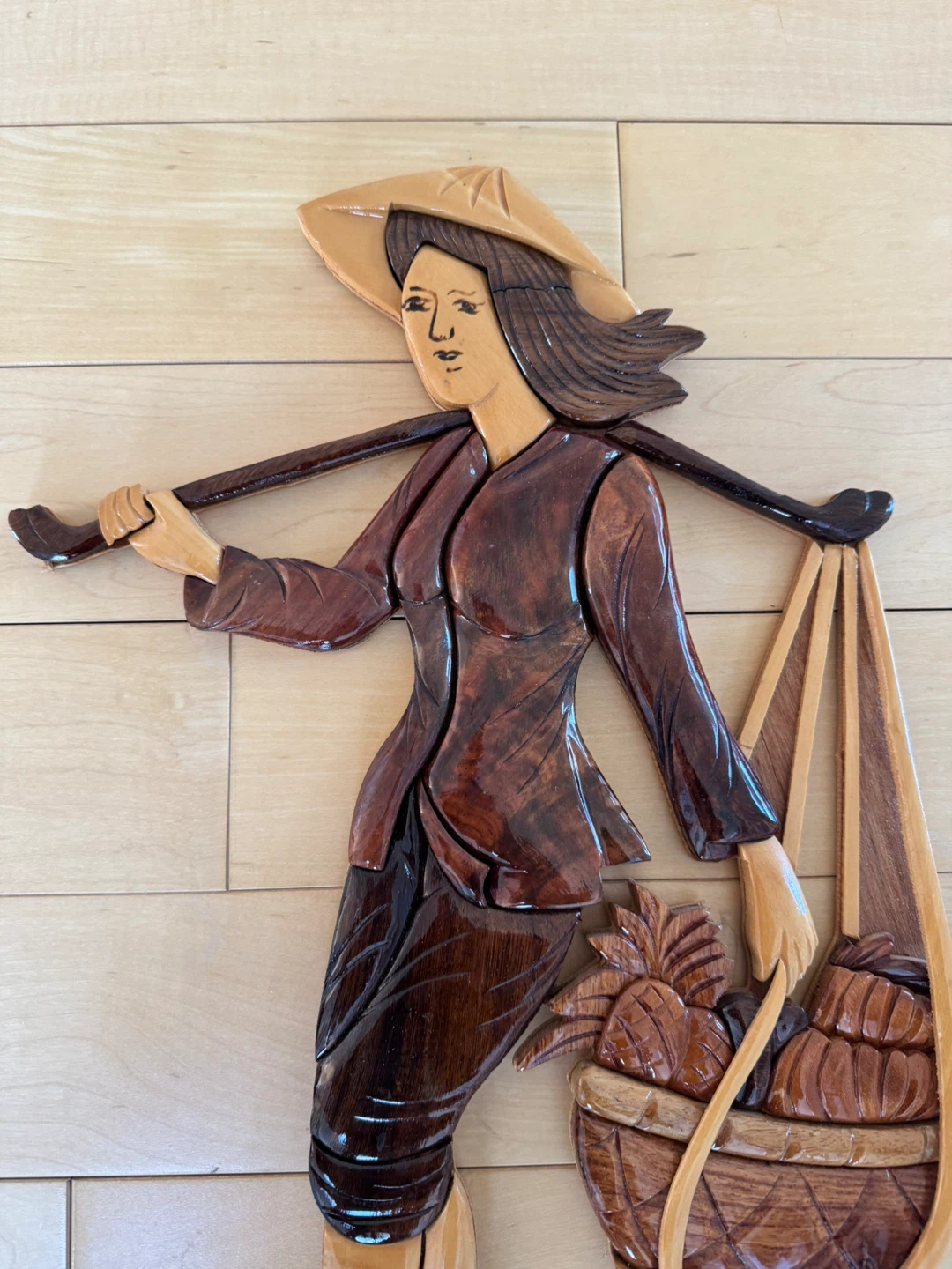 Wooden Asian Fruit Bearing Woman Hanging Art - photo 2