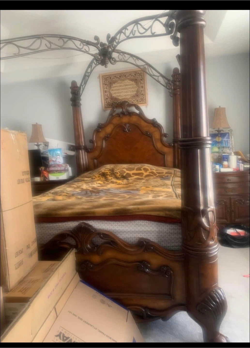 Ornate Wood Bedroom Set - Canopy Bed, Dresser & Armoire