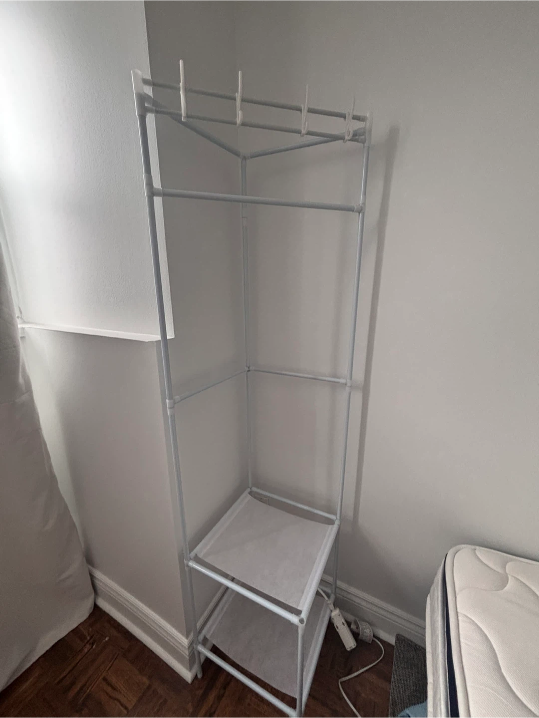 White Corner Clothes Rack with Shelves