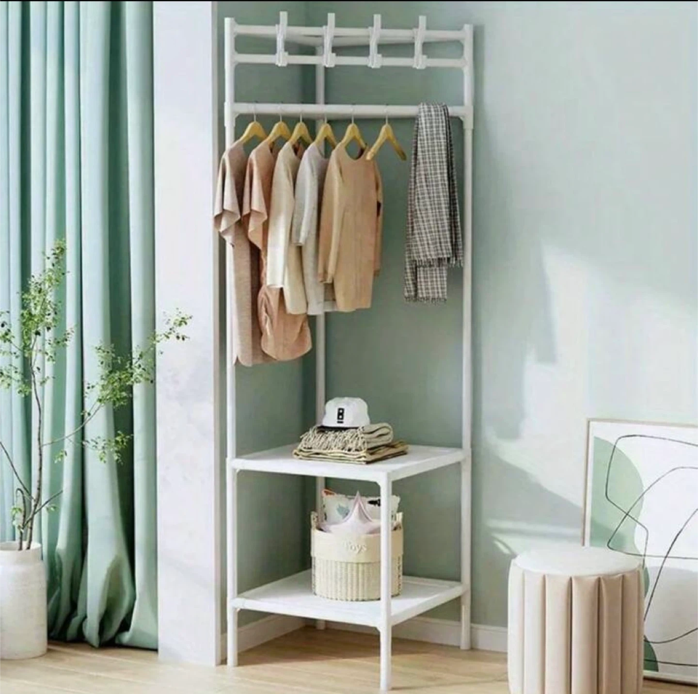 White Corner Clothes Rack with Shelves - photo 3