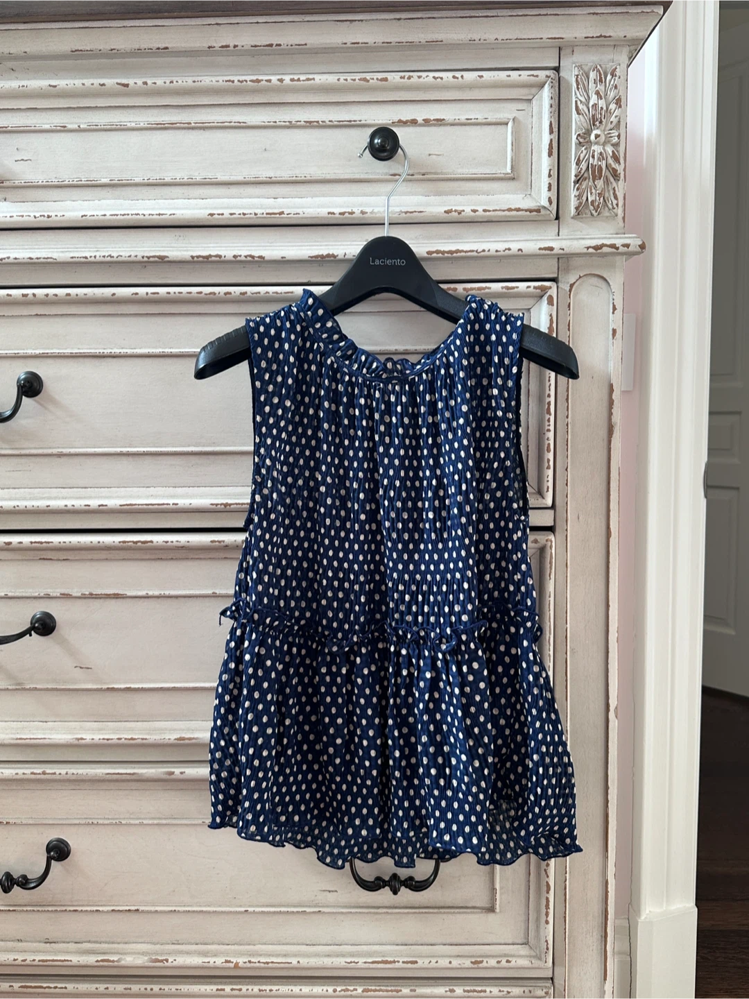 Blue and White Polka Dot Sleeveless Blouse