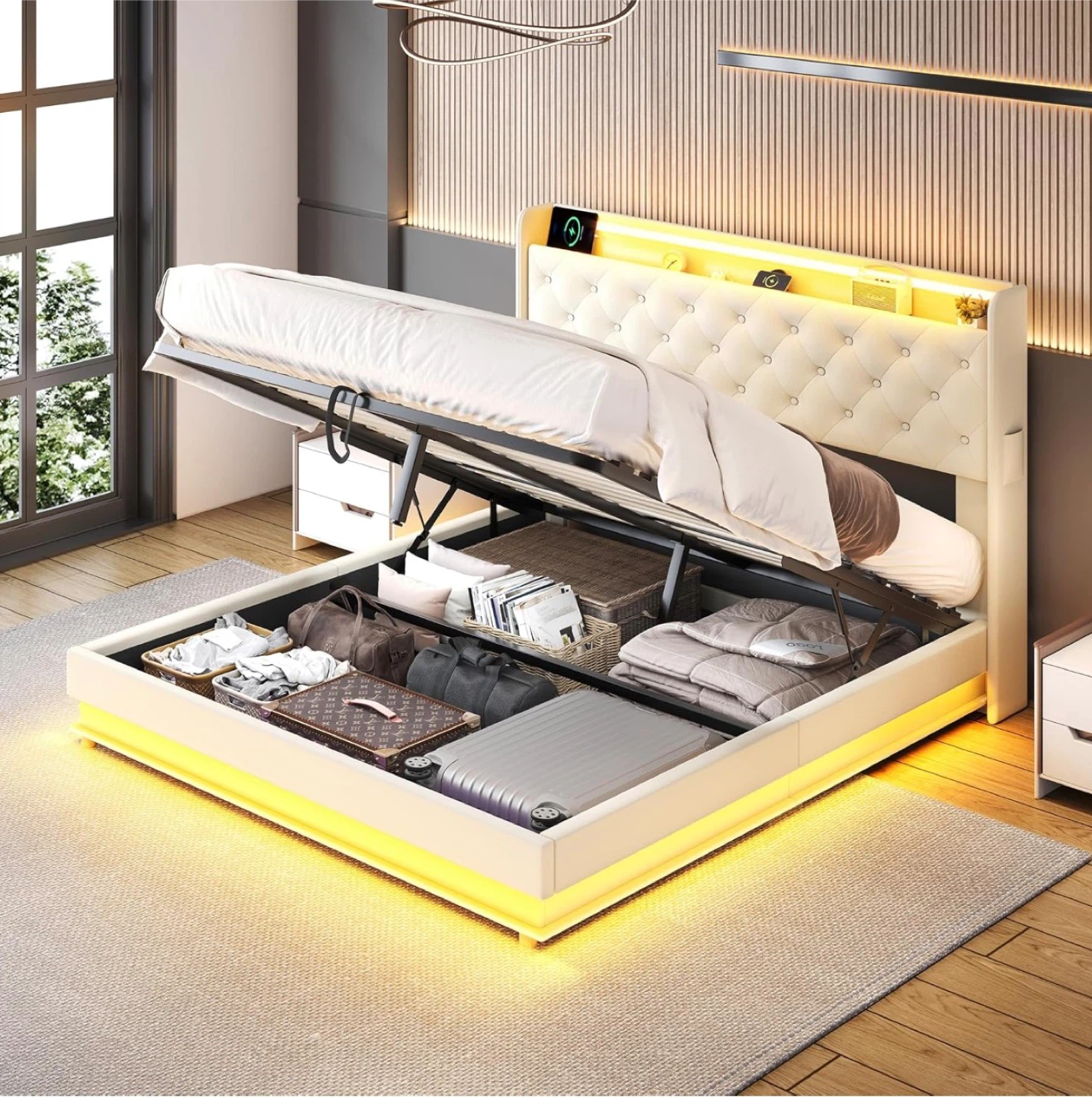Full Size lift up storage with LED + Full size mattress