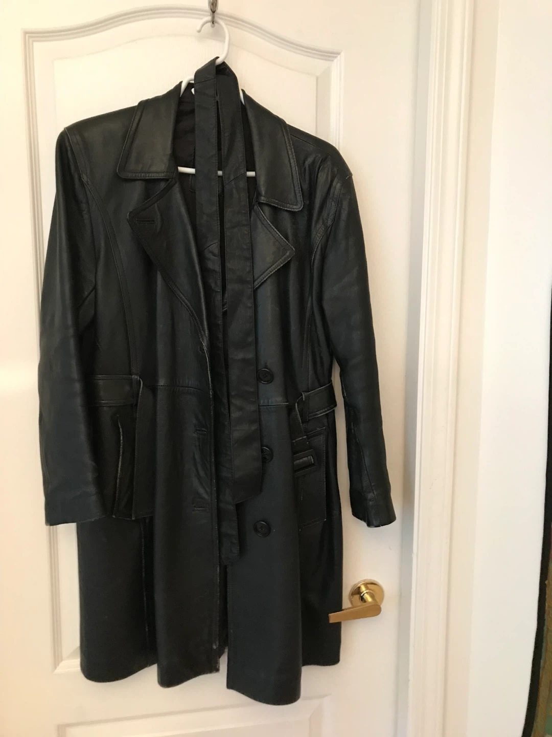 Genuine Black Leather Trench Coat