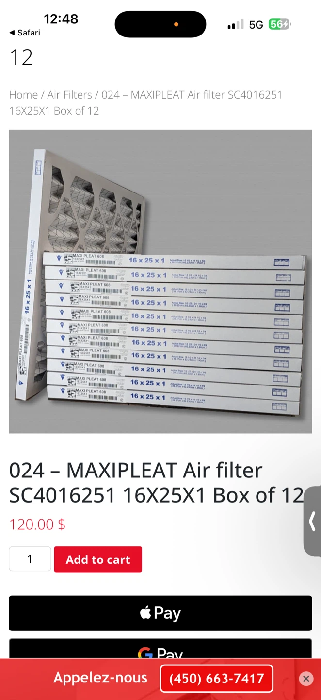 MAXIPLEAT Air Filter SC4016251 16x25x1 Box of 12