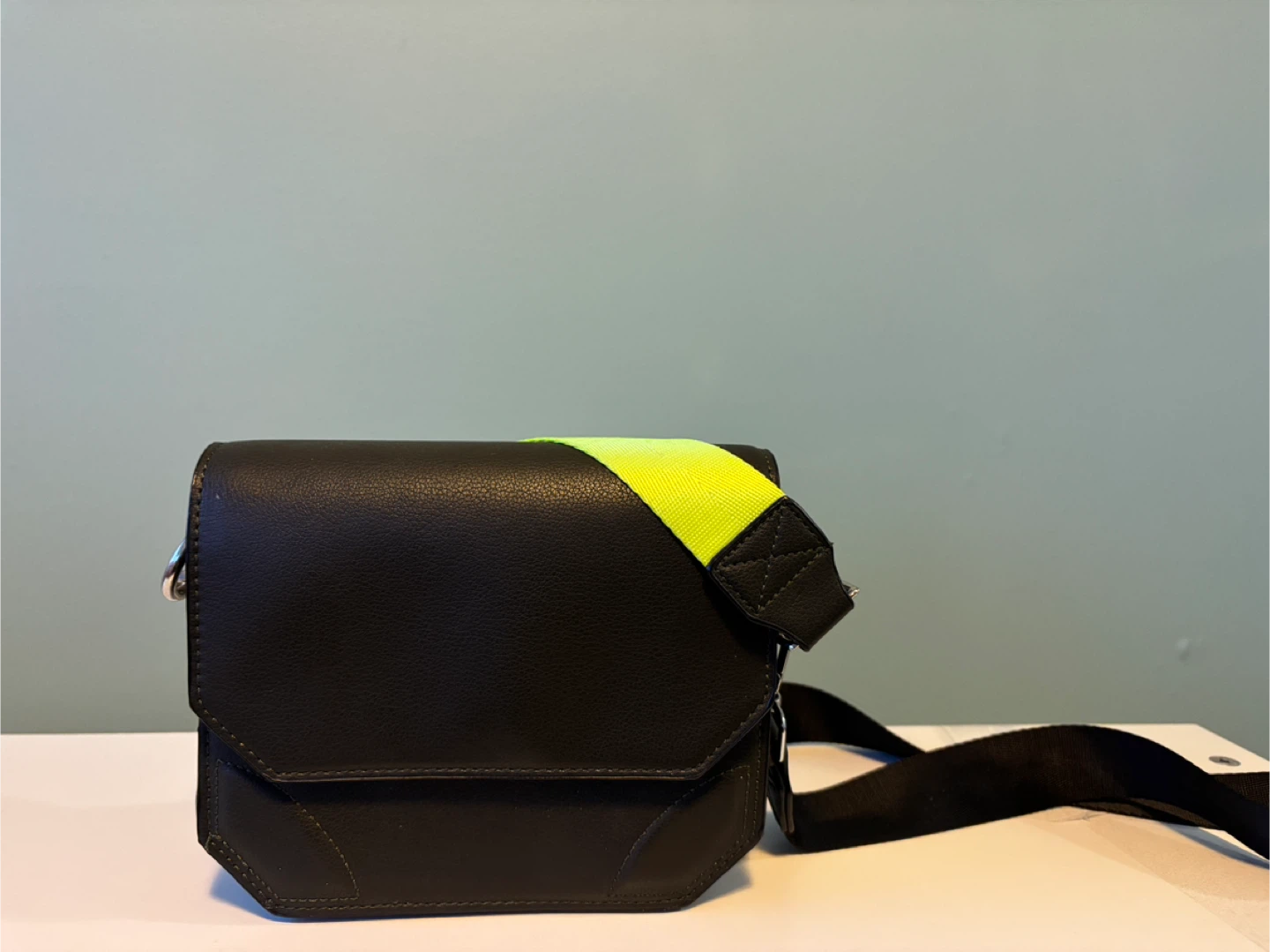 Zara Black Faux Leather Crossbody Bag with Yellow Strap Accent