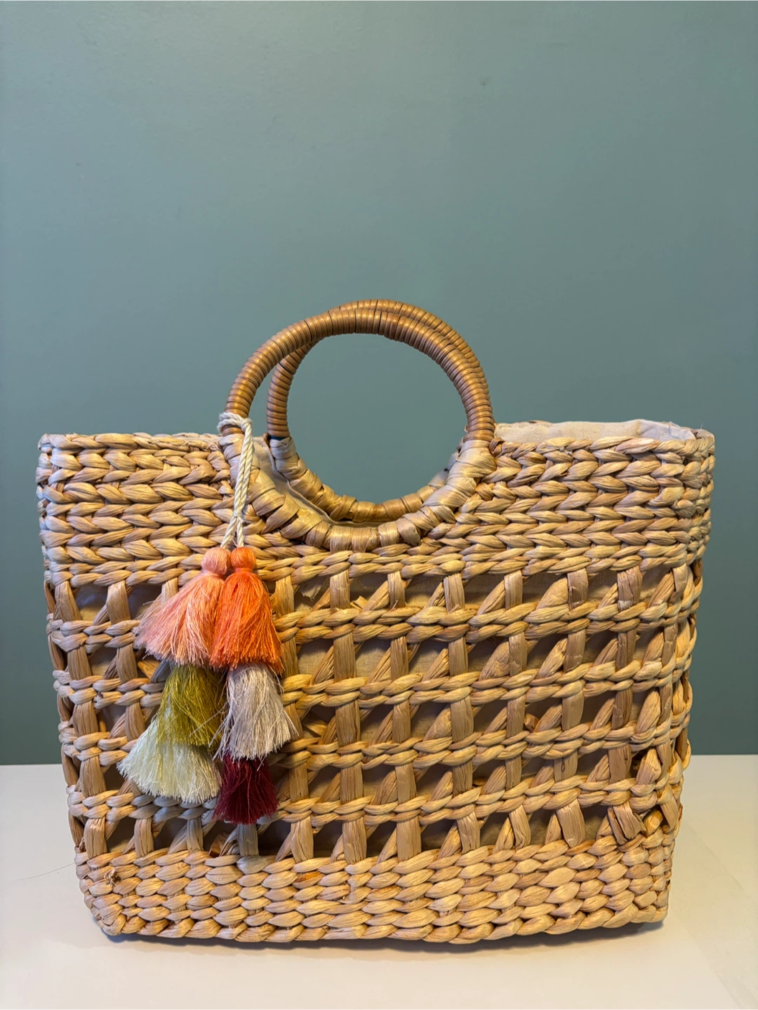Straw Tote Bag with Tassel Charm