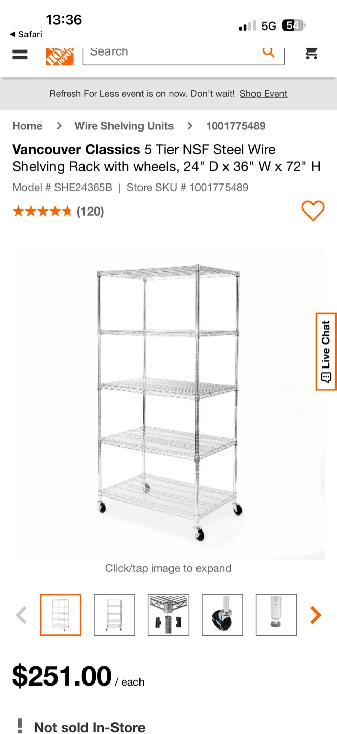 Vancouver Classics 5 Tier Steel Wire Shelving Rack with Wheels