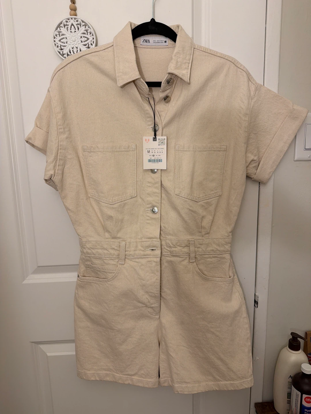 ZARA Short Sleeve Beige Utility Romper - Size M