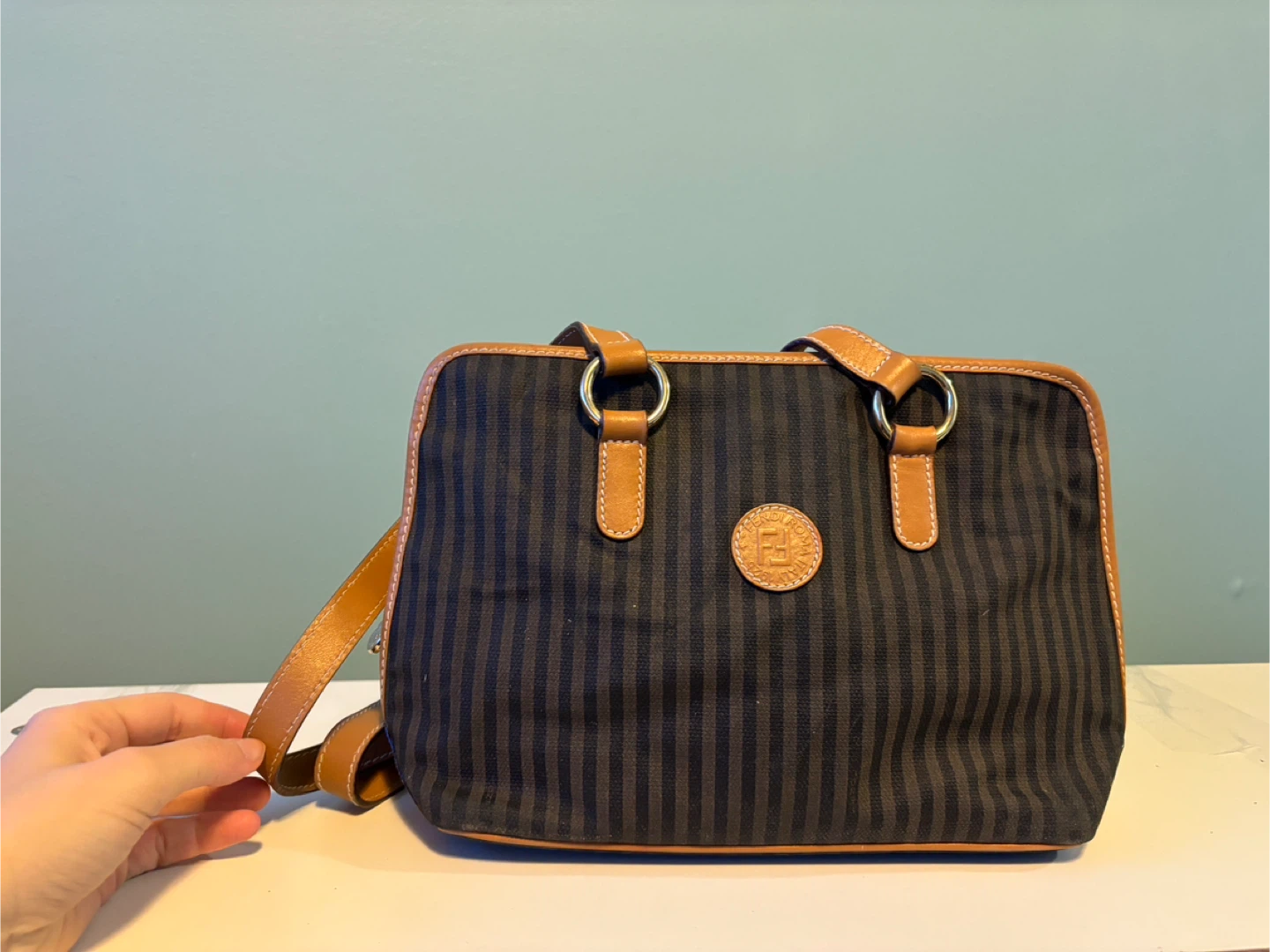 Fendi Striped Canvas & Leather Shoulder Bag