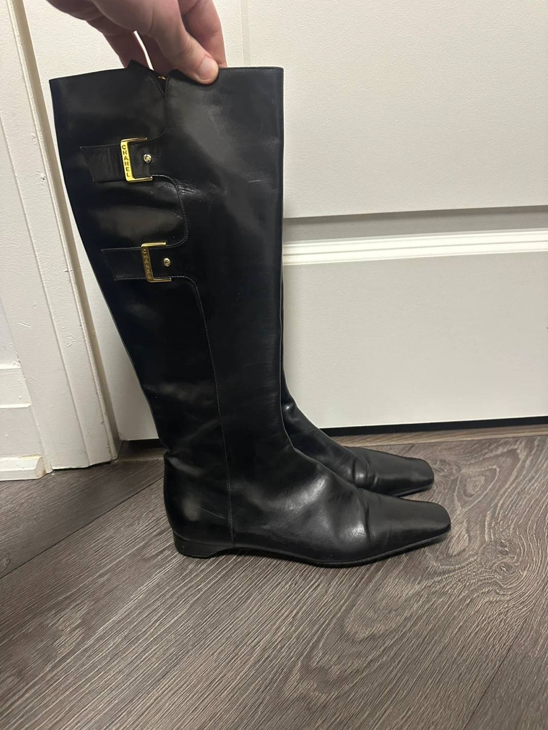 Vintage Chanel Black Leather Knee High Boots, Gold Buckles