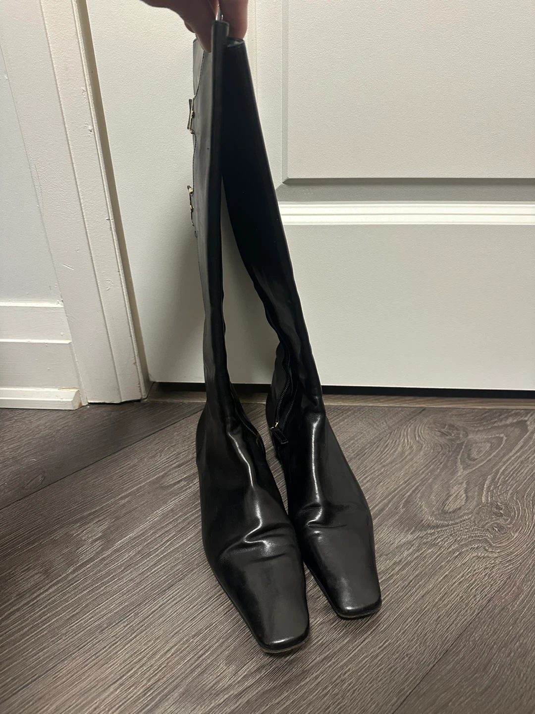 Vintage Chanel Black Leather Knee High Boots, Gold Buckles - photo 2