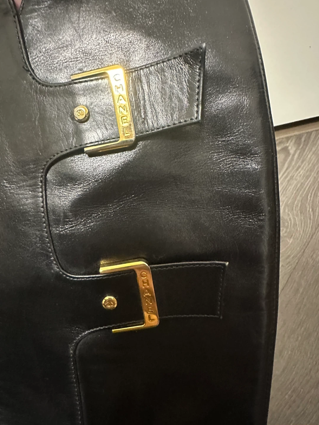 Vintage Chanel Black Leather Knee High Boots, Gold Buckles - photo 5