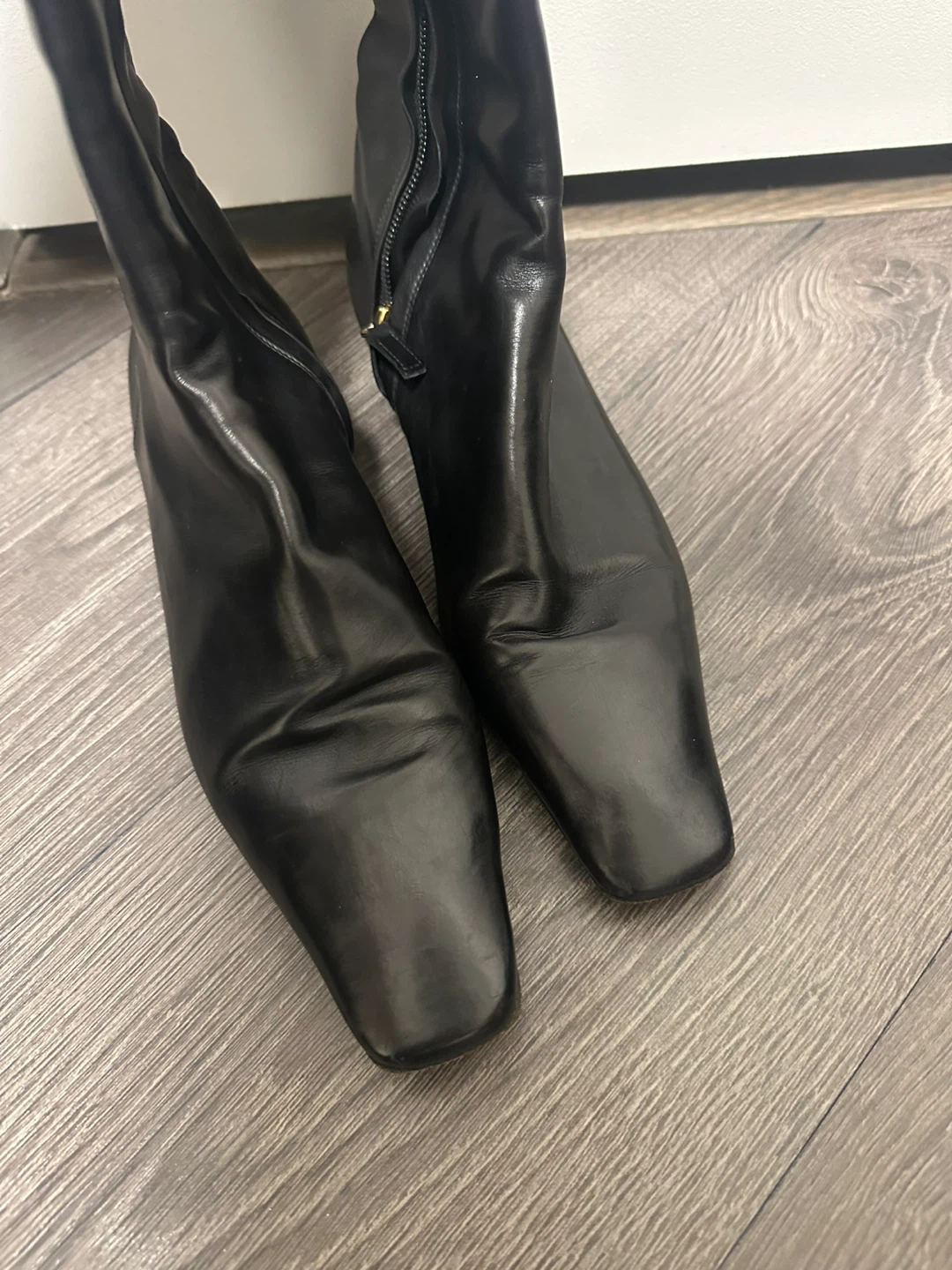 Vintage Chanel Black Leather Knee High Boots, Gold Buckles - photo 3