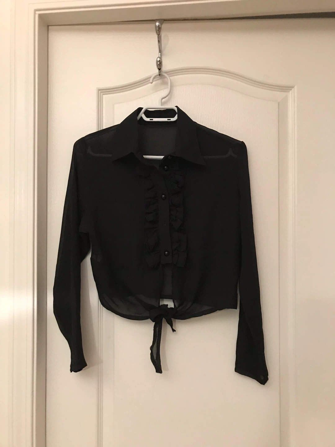 Vintage Black Sheer Ruffle Tie Front Shirt
