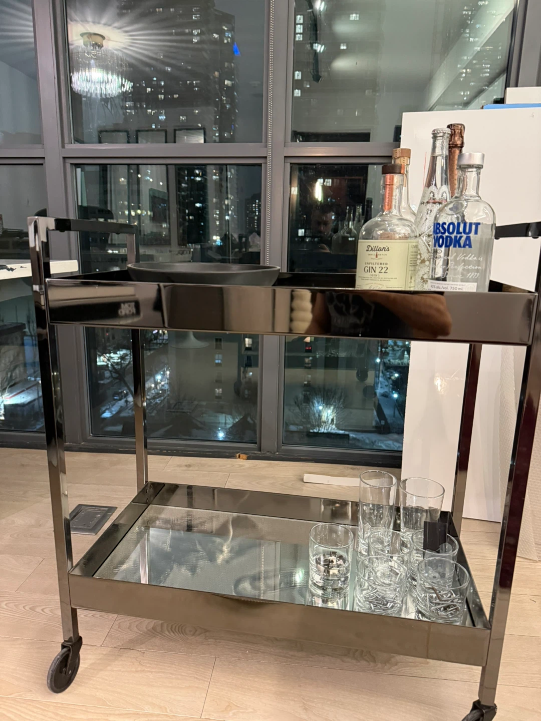Smokey and Glass Bar Cart with Wheels