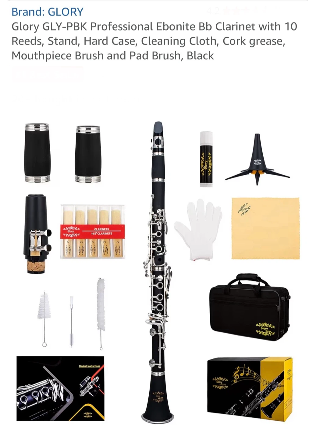 GLORY Bb Clarinet with Reeds, Stand, Case & Accessories