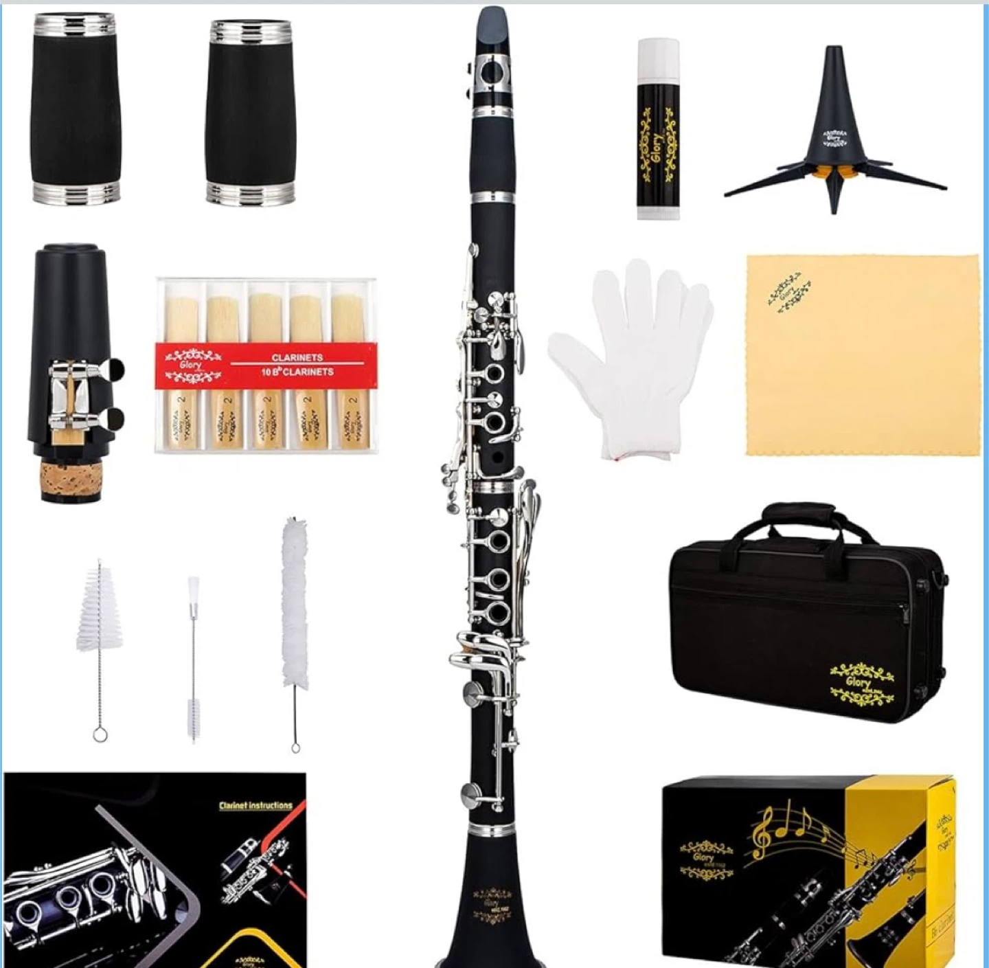 GLORY Bb Clarinet with Reeds, Stand, Case & Accessories - photo 4