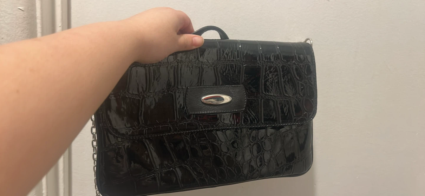 Black Croc-Embossed Patent Leather Shoulder Bag