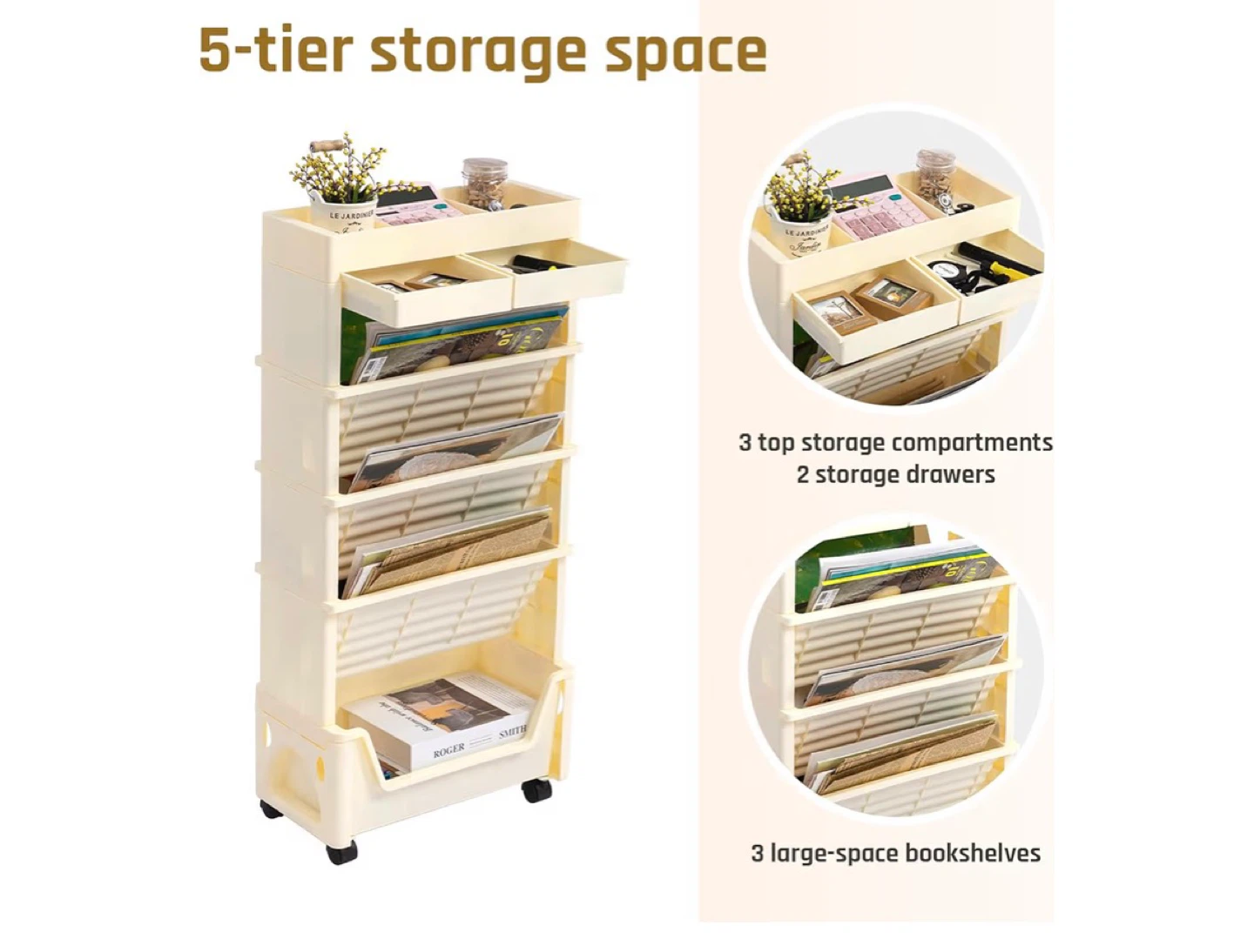 5 Tier Rolling Utility Cart, Book Cart with Wheels - photo 4