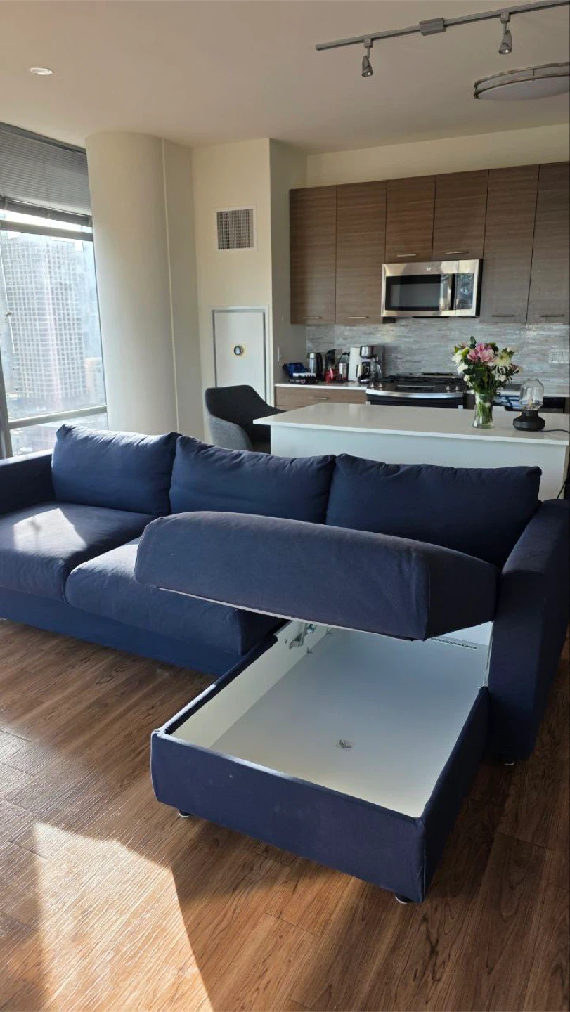1y used! Navy Blue Sectional Sofa Sleeper with Storage - photo 4