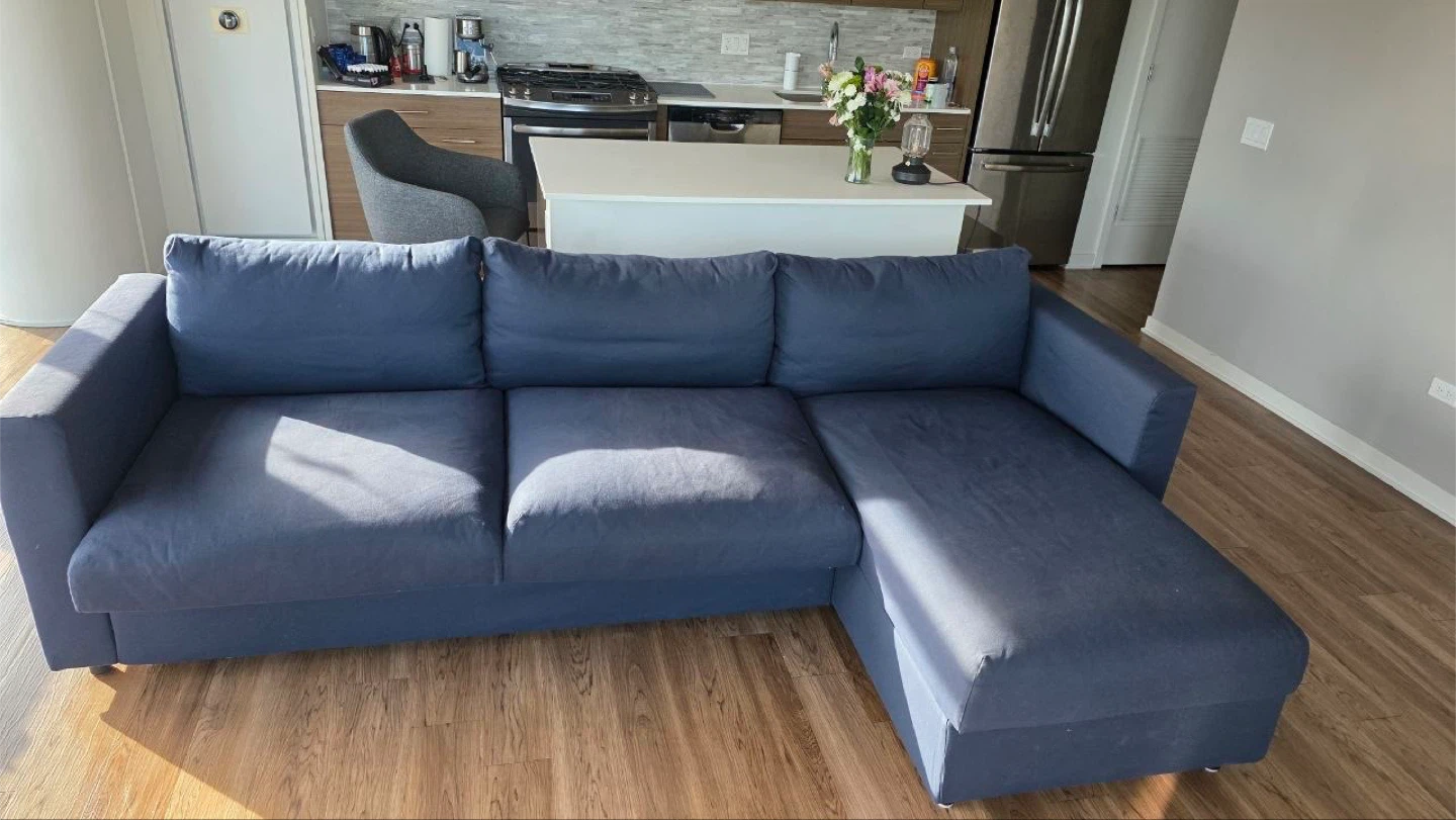 1y used! Navy Blue Sectional Sofa Sleeper with Storage - photo 3