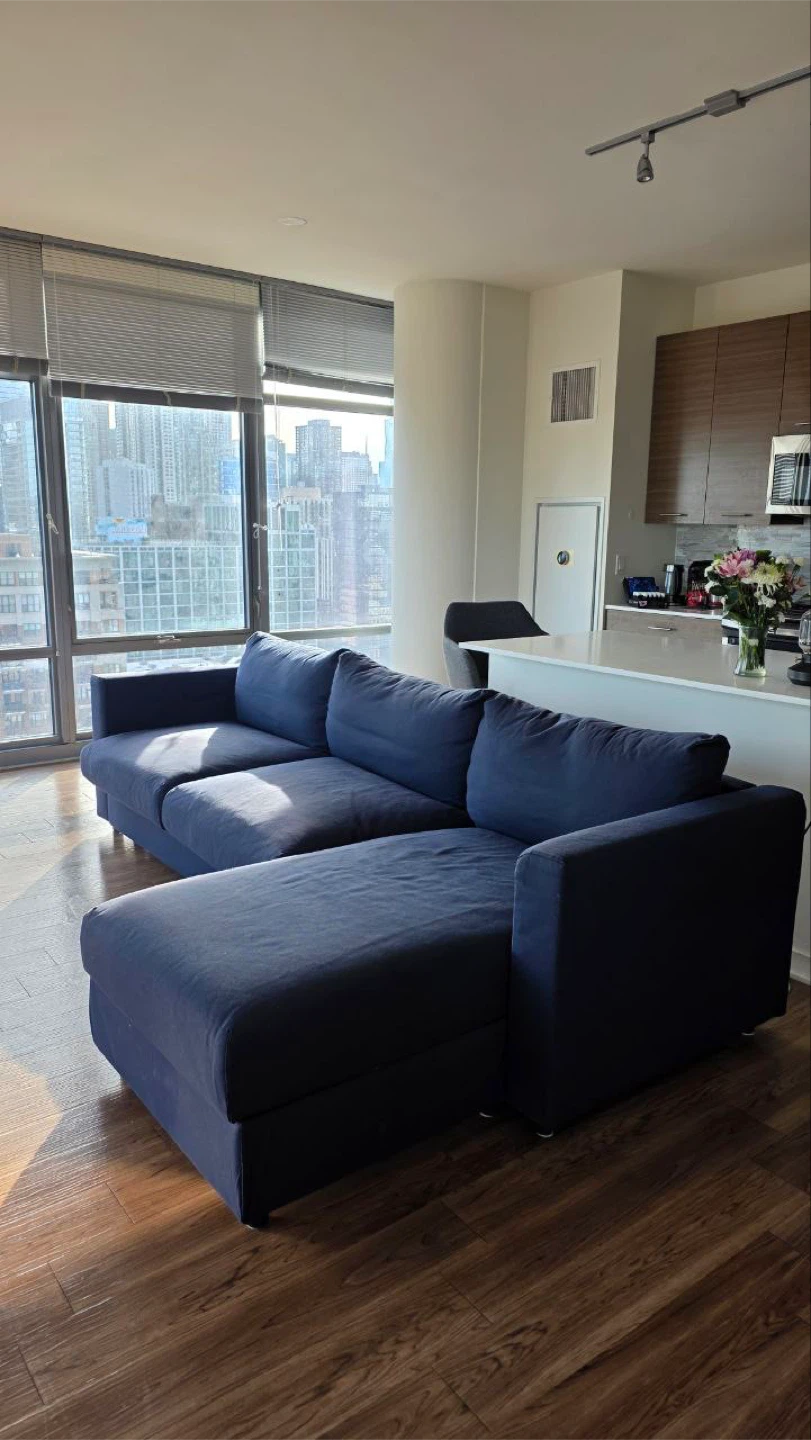 1y used! Navy Blue Sectional Sofa Sleeper with Storage - photo 2