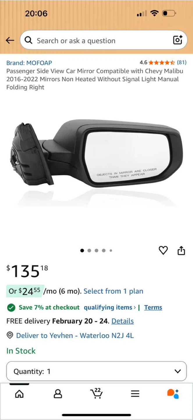 MOFOAP Passenger Side Mirror for Chevy Malibu
