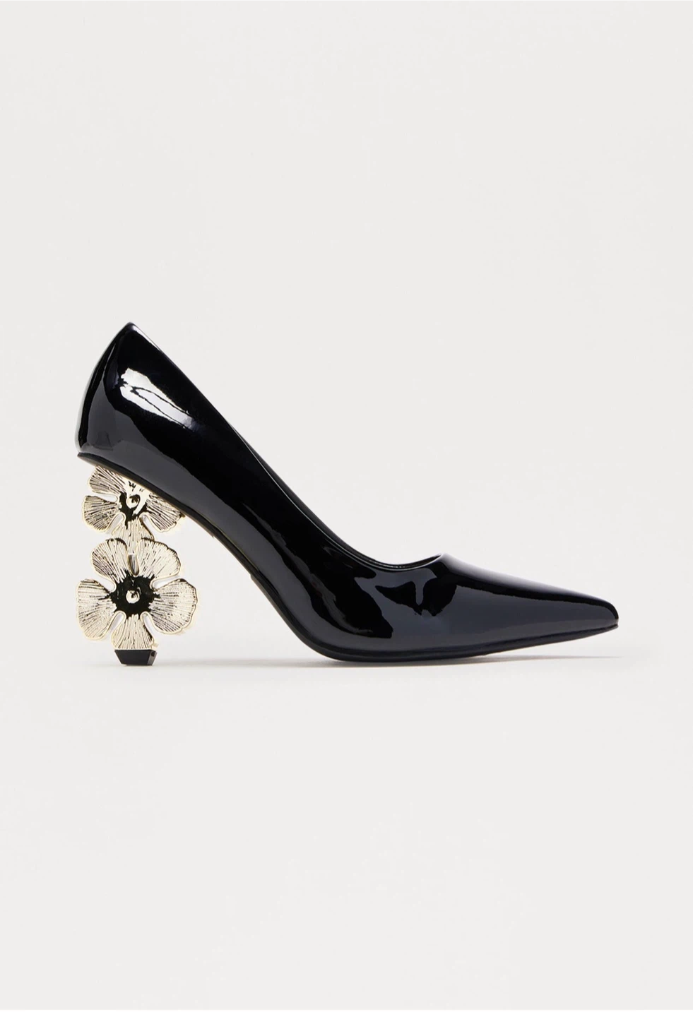 Black Patent Pointed Toe Heels with Floral Embellished Heel