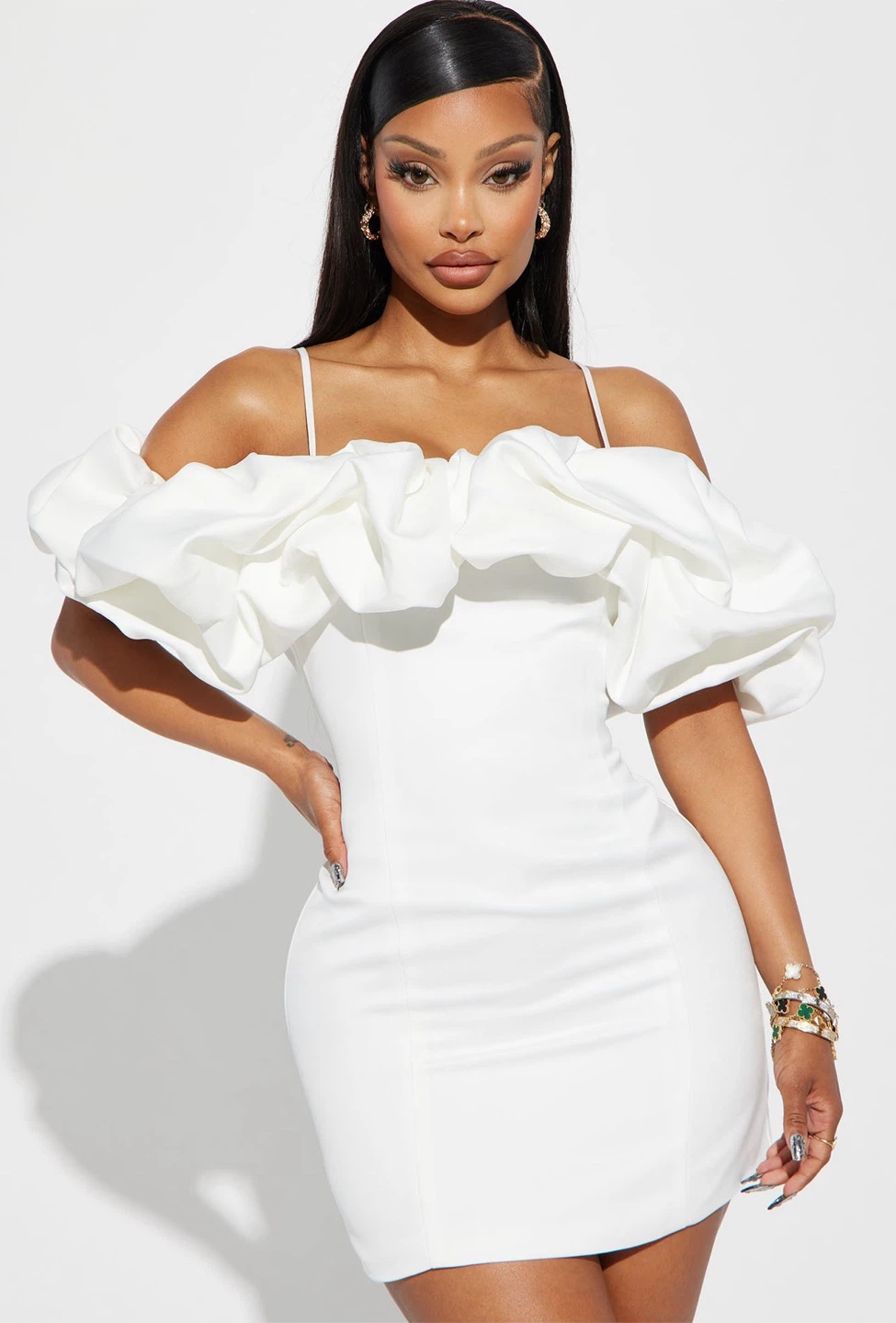 Women's White Off-Shoulder Puff Sleeve Mini Dress