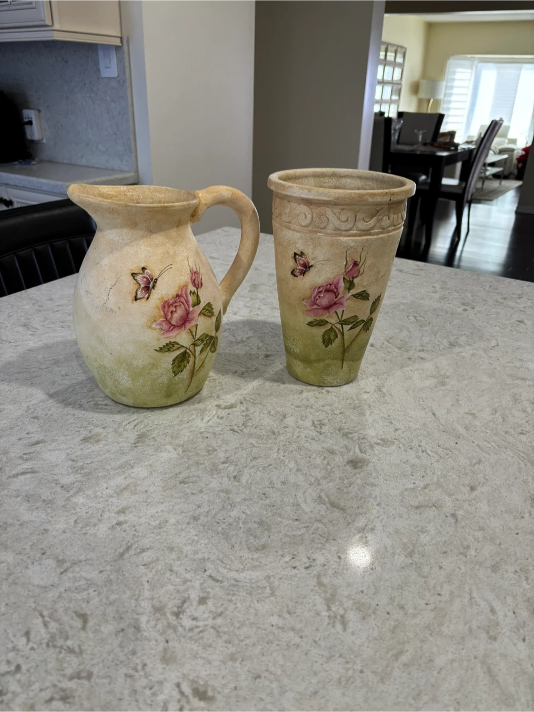 Vintage Style ceramic Rose and Butterfly Pitcher and Vase Set - photo 3