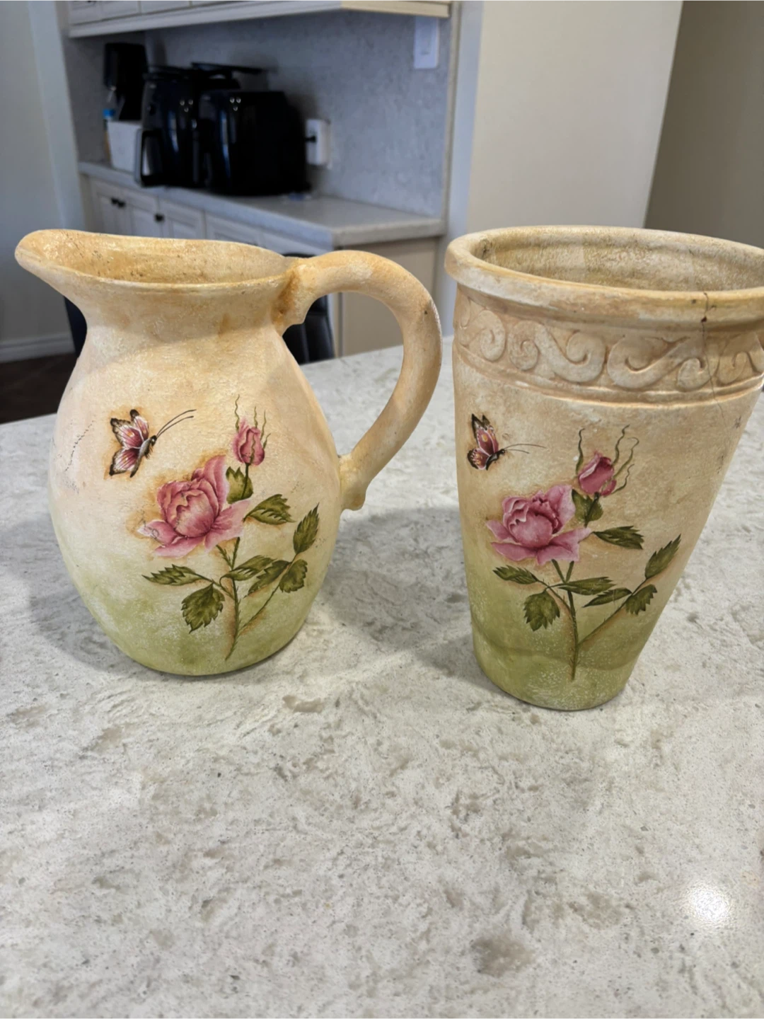 Vintage Style ceramic Rose and Butterfly Pitcher and Vase Set - photo 2