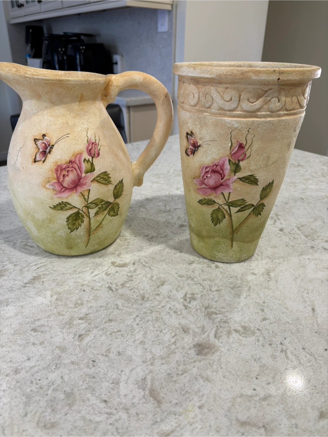 Vintage Style ceramic Rose and Butterfly Pitcher and Vase Set